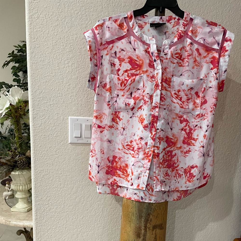 Attention Floral Print Sheer Yoke Button-Down Top w coral pink purple pink SZ L